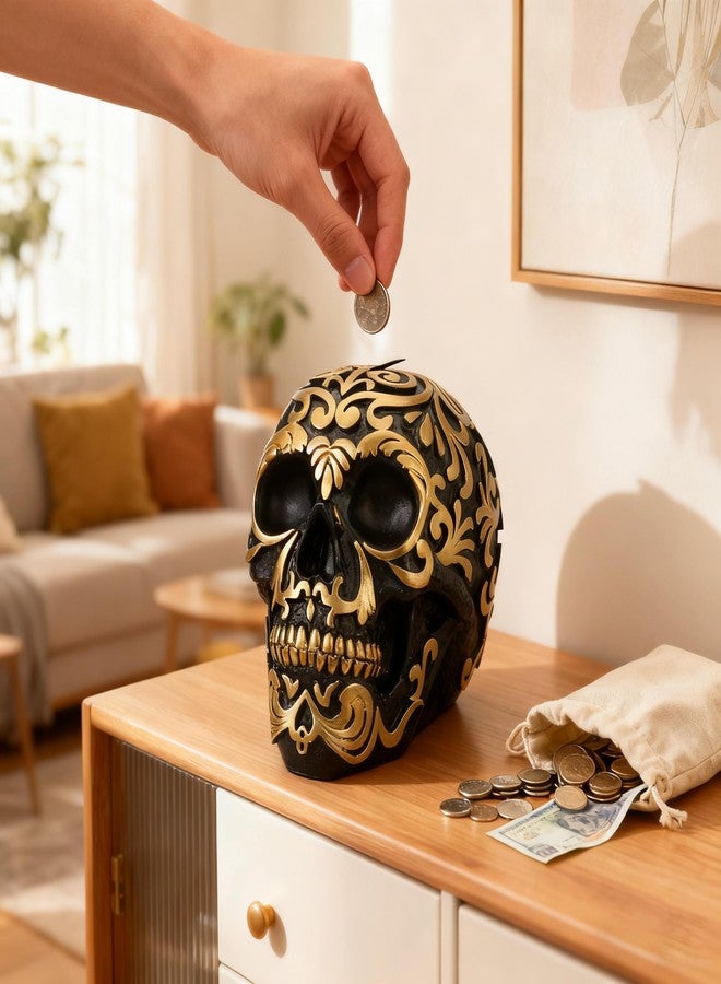 CHDL Gothic Skeleton Heads Money Bank - 6" Realistic Resin Skull Heads Decor with Coin Slot, Halloween Skull Decor for Storage & Display, Horror Piggy Bank for Home Office Desk Collector Gift - Image 2
